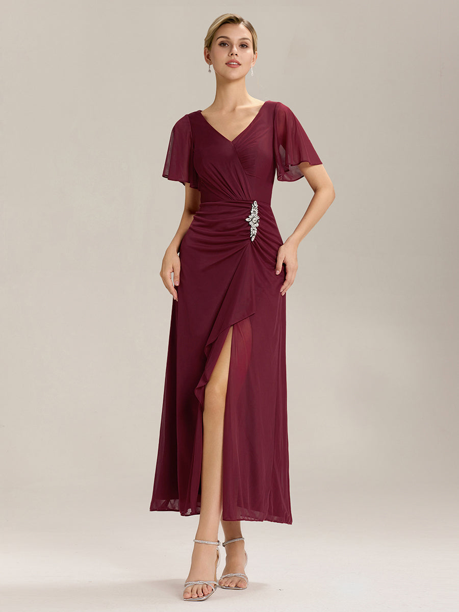 Rhinestone Embellished Chiffon Ruffle Sleeve Mother of the Bride Dress
